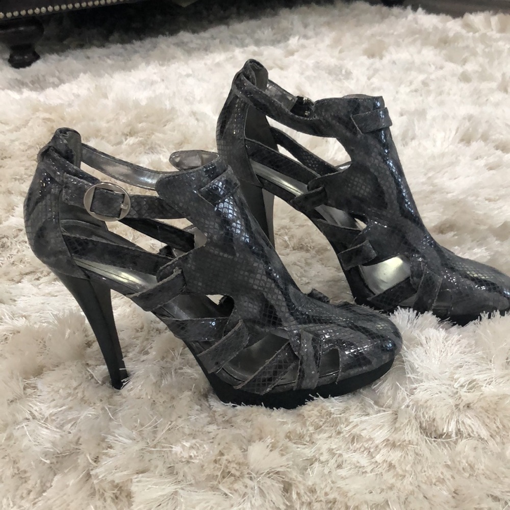 Calvin Klein Gray Snakeskin Cutout High Heel Sandals